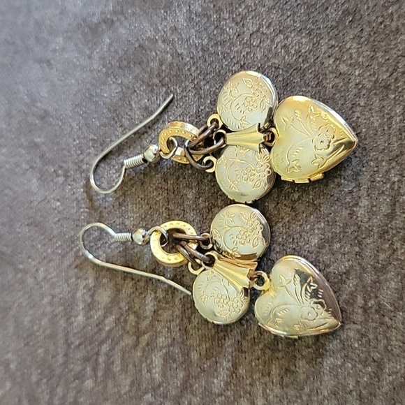 Two-tone Heart Locket Dangle Hook Earrings - Picture 2 of 4